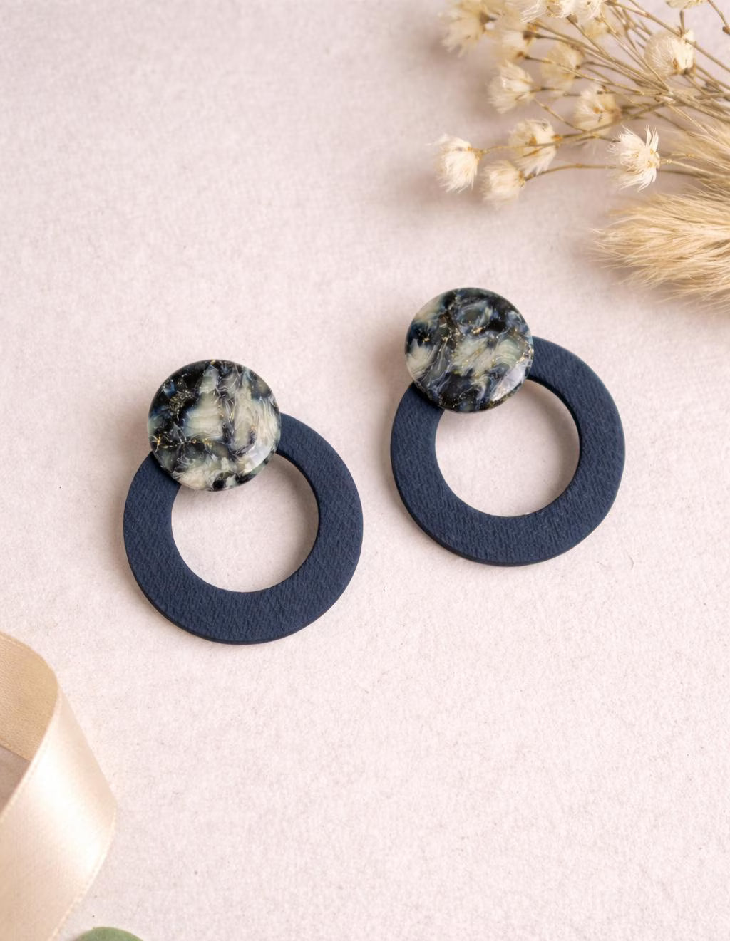 Denim Marble Stud Earrings – Indigo Stone