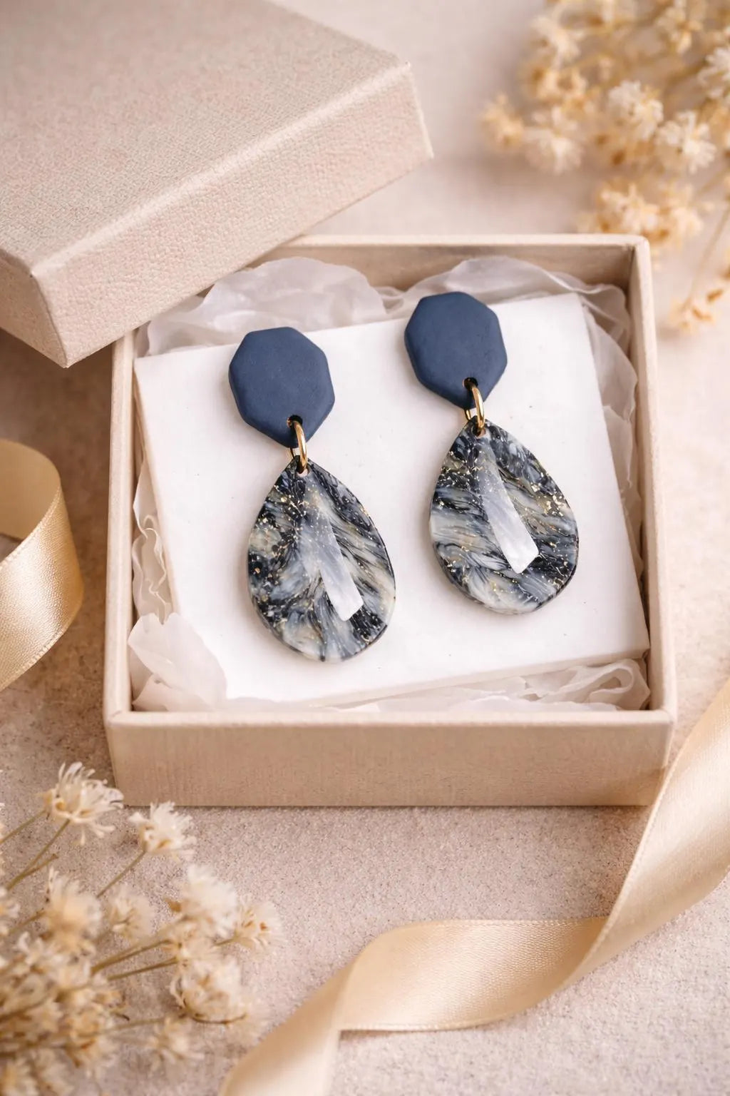 Denim Marble Drop Earrings – Indigo Stone
