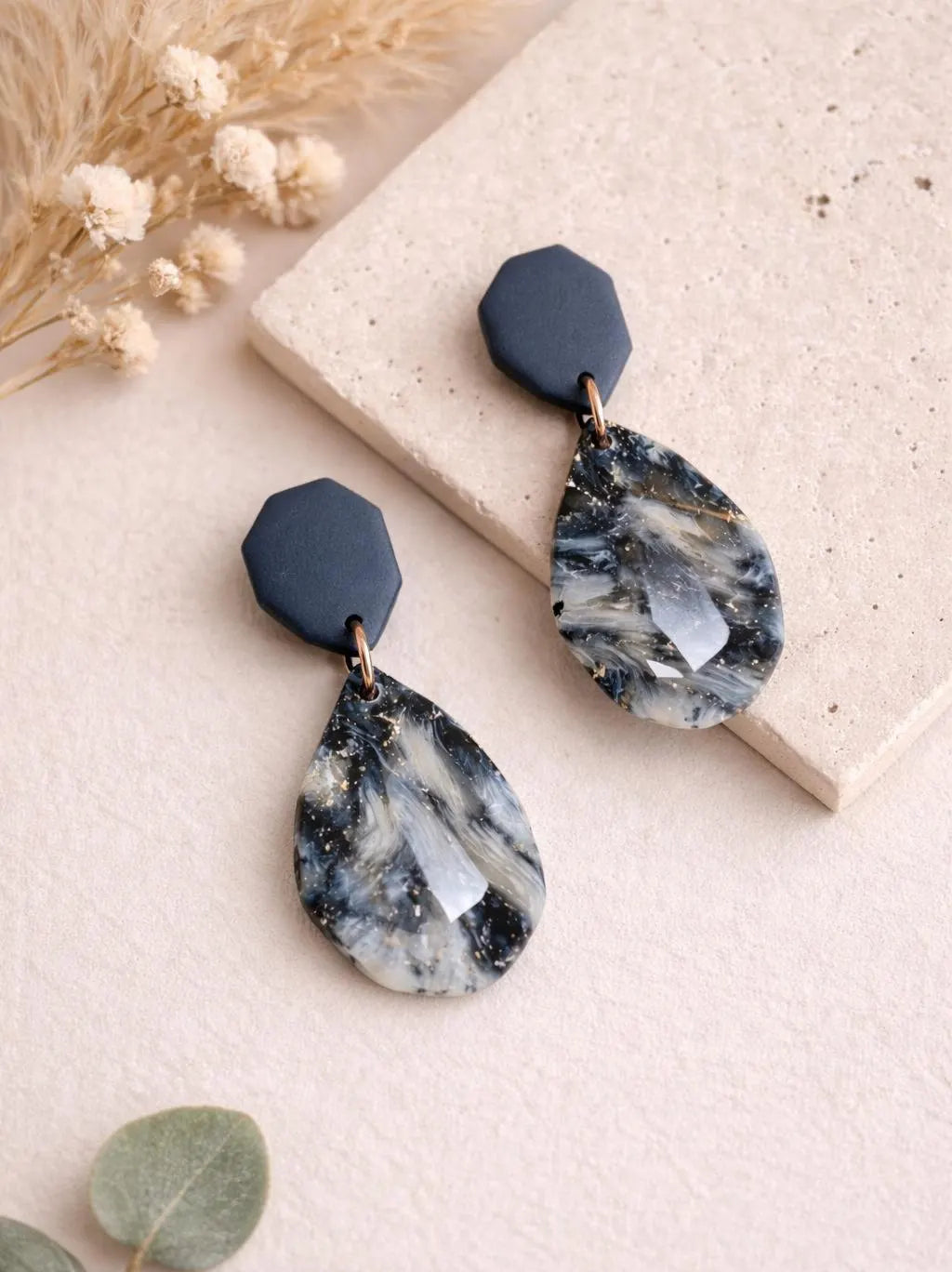 Denim Marble Drop Earrings – Indigo Stone