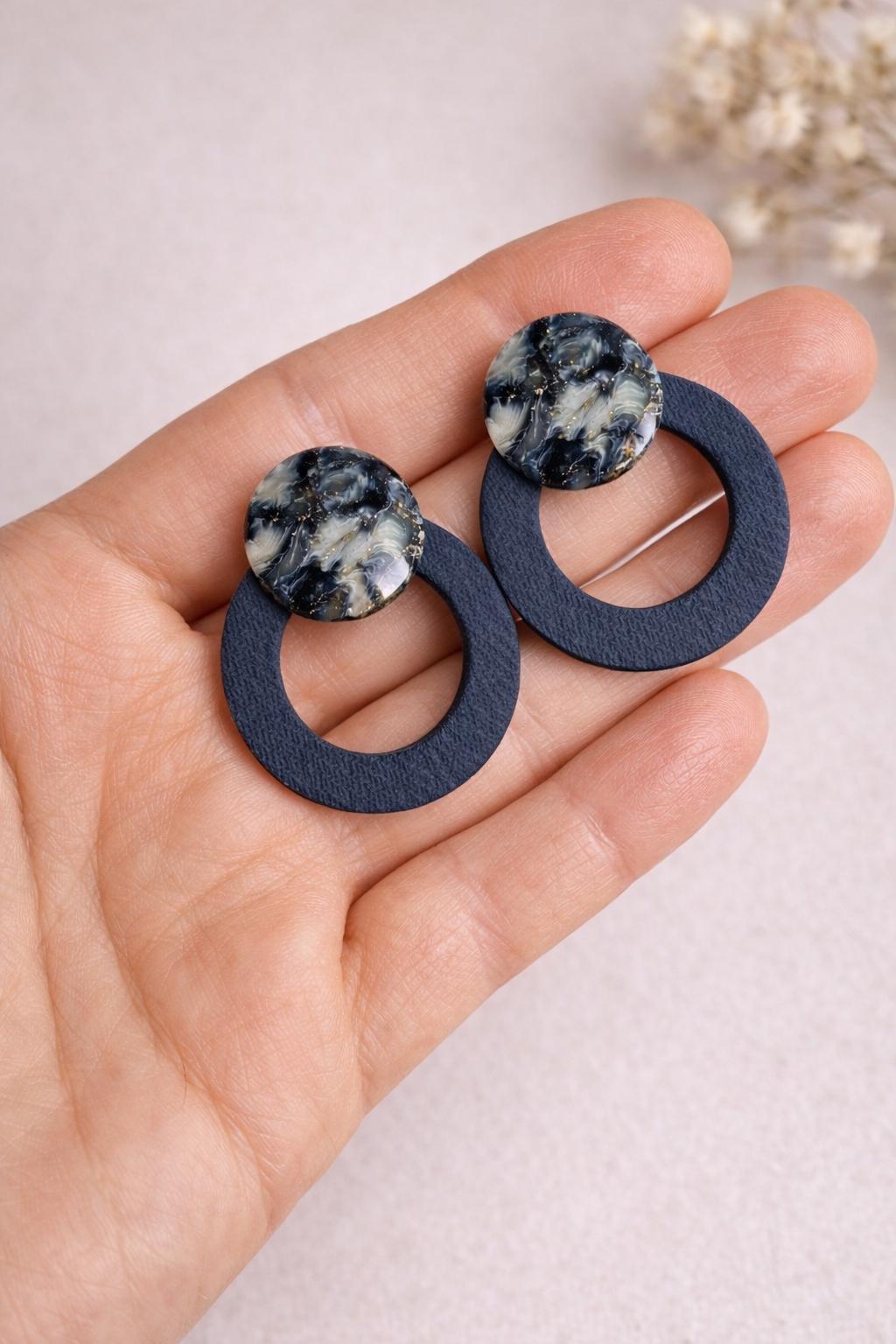 Denim Marble Stud Earrings – Indigo Stone