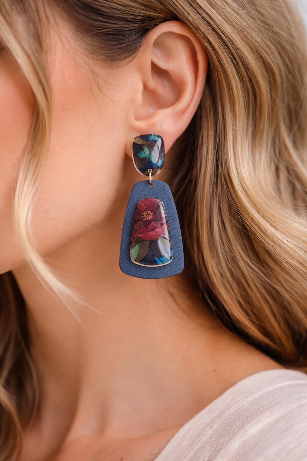 Denim Bloom Statement Drop Earrings
