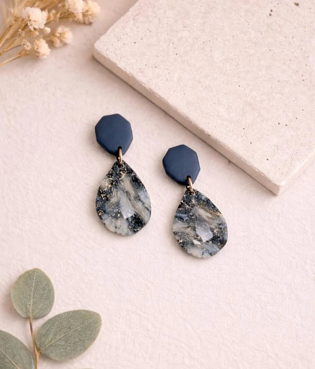 Denim Marble Drop Earrings – Indigo Stone