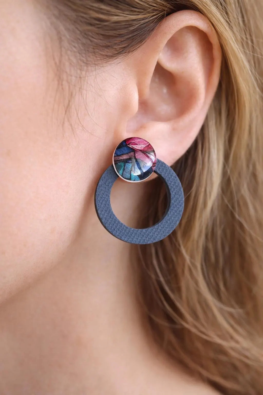Denim Marble Stud Earrings – Indigo Stone