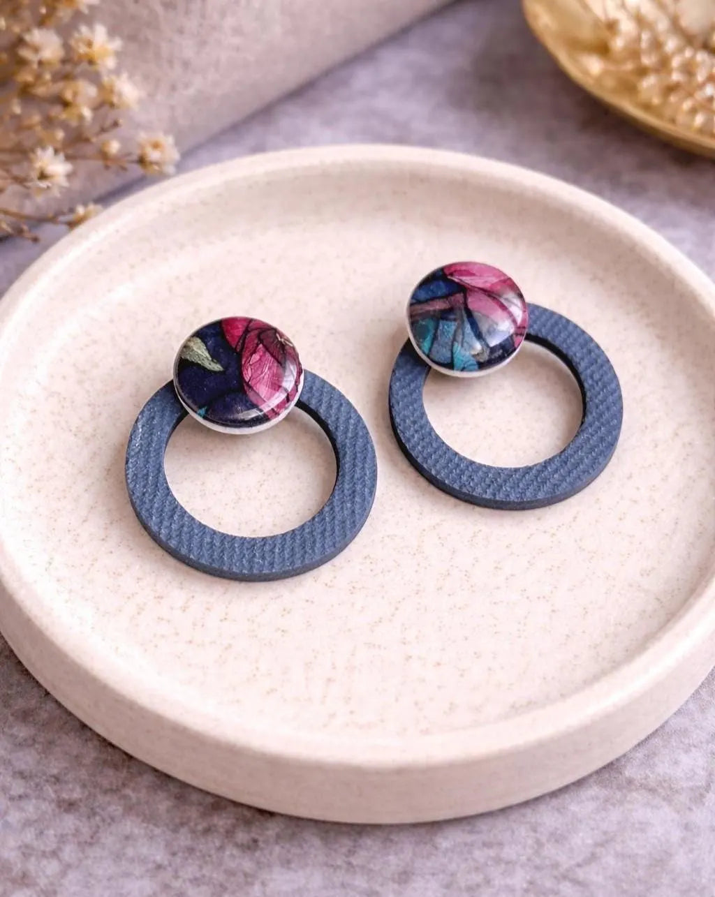 Denim Marble Stud Earrings – Indigo Stone