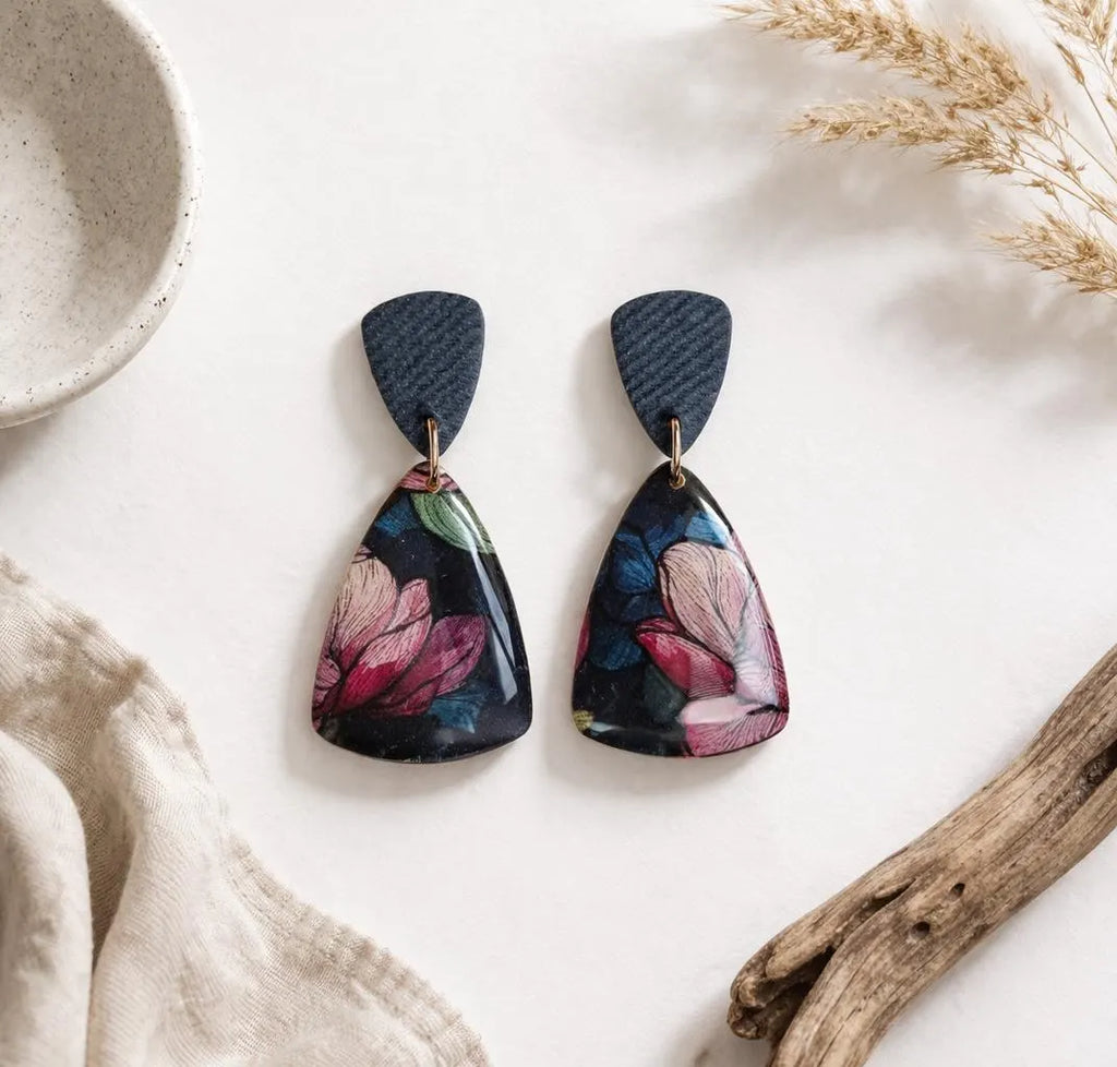 Denim Bloom Statement Drop Earrings