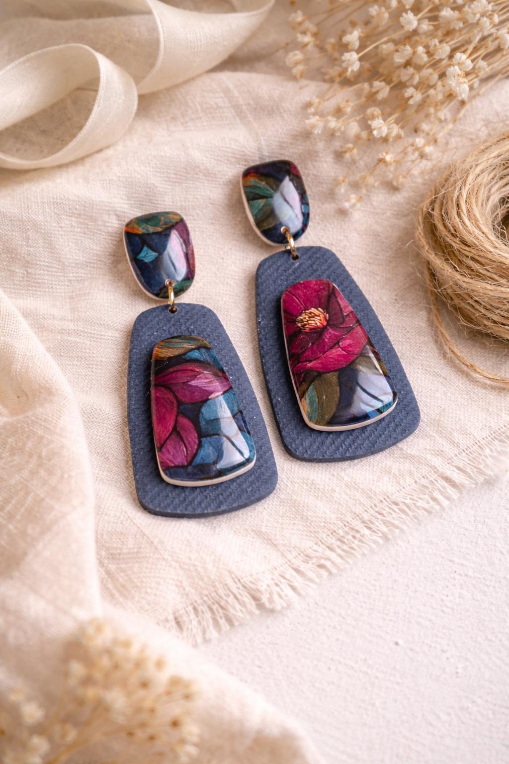 Denim Bloom Statement Drop Earrings