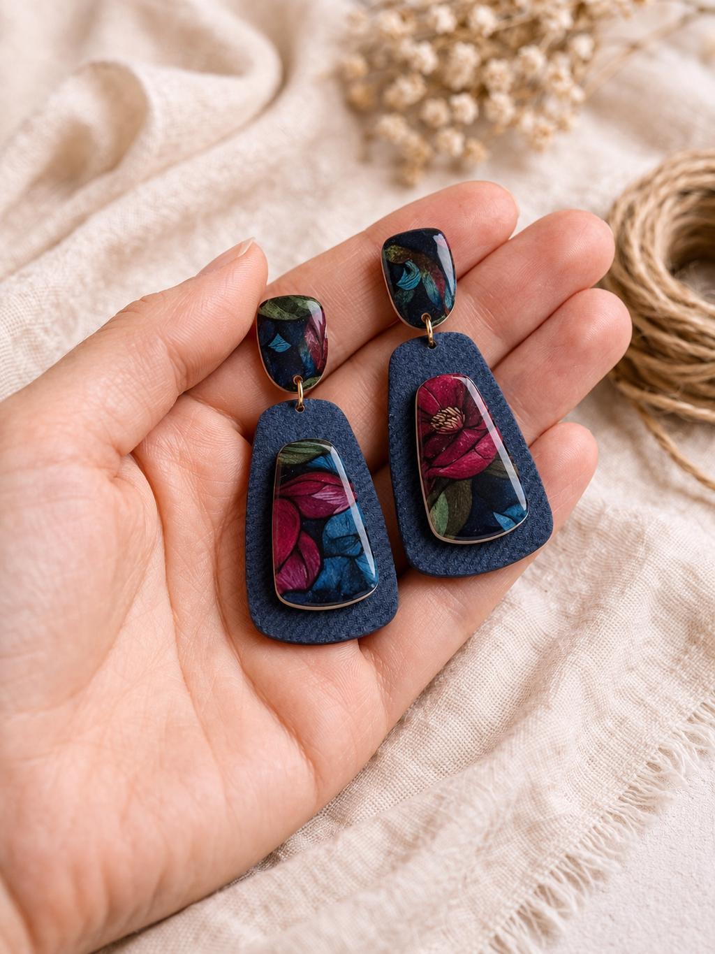 Denim Bloom Statement Drop Earrings